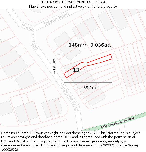 13, HARBORNE ROAD, OLDBURY, B68 9JA: Plot and title map