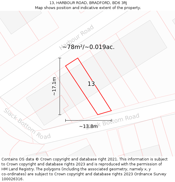 13, HARBOUR ROAD, BRADFORD, BD6 3RJ: Plot and title map