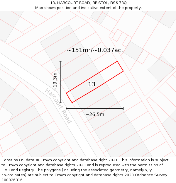 13, HARCOURT ROAD, BRISTOL, BS6 7RQ: Plot and title map