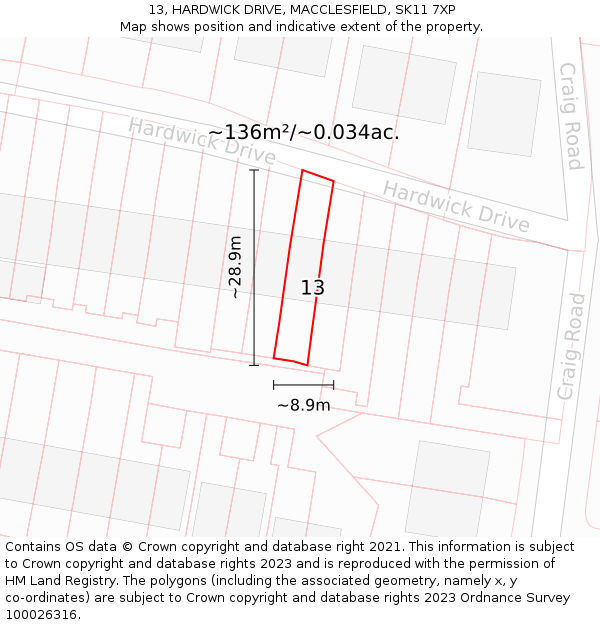 13, HARDWICK DRIVE, MACCLESFIELD, SK11 7XP: Plot and title map