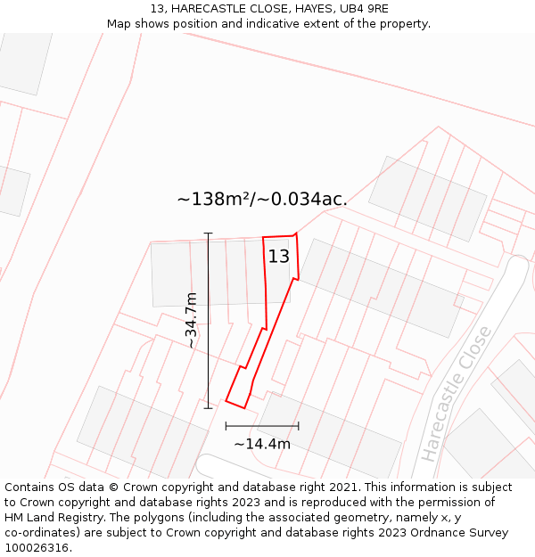 13, HARECASTLE CLOSE, HAYES, UB4 9RE: Plot and title map