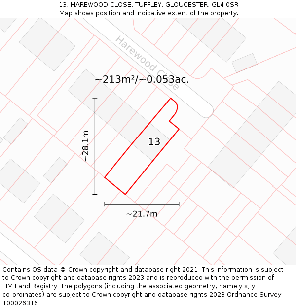 13, HAREWOOD CLOSE, TUFFLEY, GLOUCESTER, GL4 0SR: Plot and title map