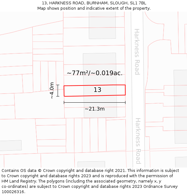 13, HARKNESS ROAD, BURNHAM, SLOUGH, SL1 7BL: Plot and title map