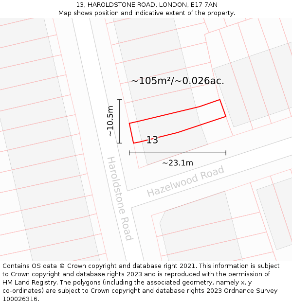 13, HAROLDSTONE ROAD, LONDON, E17 7AN: Plot and title map