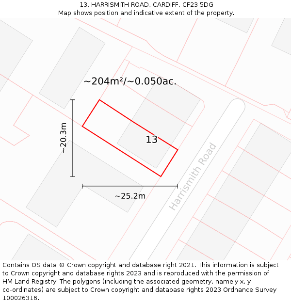 13, HARRISMITH ROAD, CARDIFF, CF23 5DG: Plot and title map