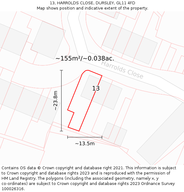 13, HARROLDS CLOSE, DURSLEY, GL11 4FD: Plot and title map