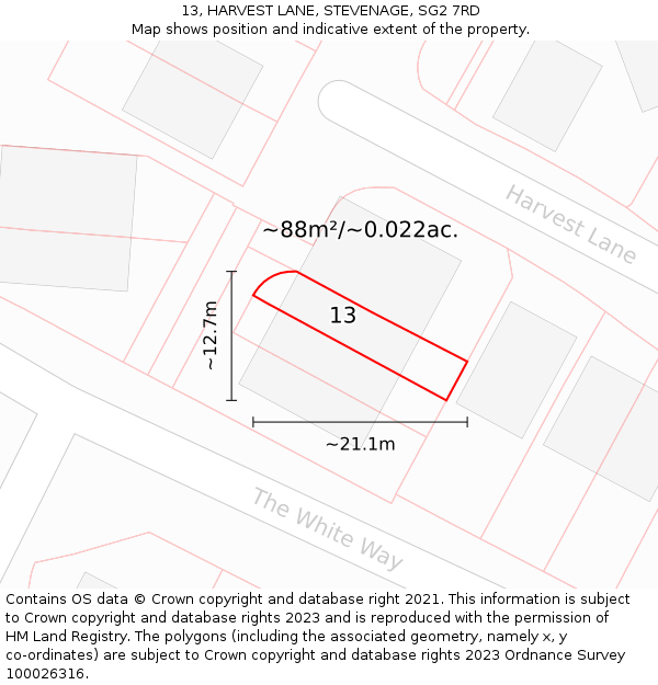 13, HARVEST LANE, STEVENAGE, SG2 7RD: Plot and title map