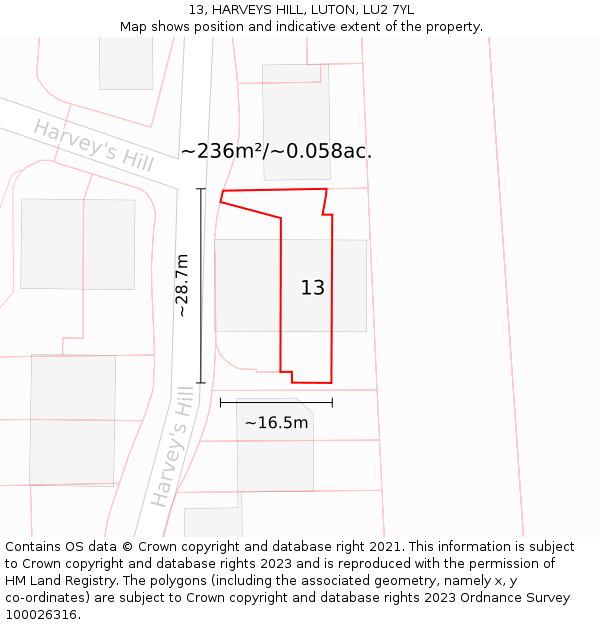13, HARVEYS HILL, LUTON, LU2 7YL: Plot and title map