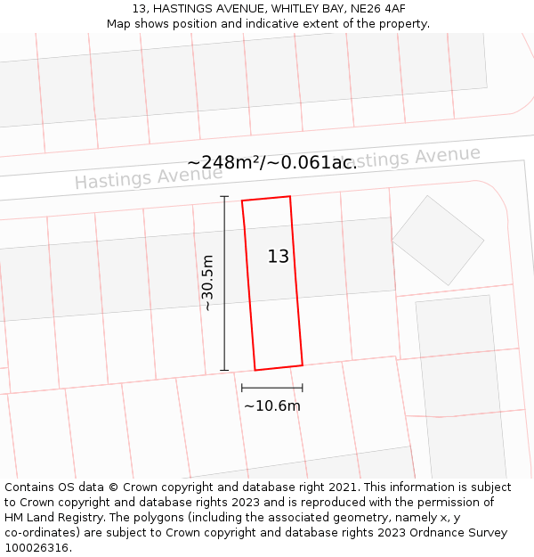 13, HASTINGS AVENUE, WHITLEY BAY, NE26 4AF: Plot and title map