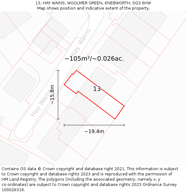 13, HAY WAINS, WOOLMER GREEN, KNEBWORTH, SG3 6HW: Plot and title map