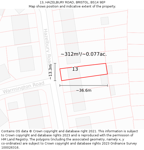 13, HAZELBURY ROAD, BRISTOL, BS14 9EP: Plot and title map