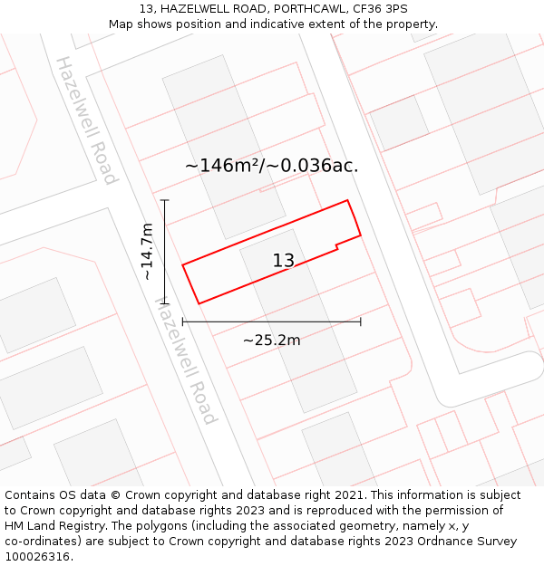 13, HAZELWELL ROAD, PORTHCAWL, CF36 3PS: Plot and title map