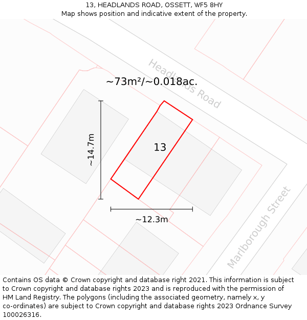13, HEADLANDS ROAD, OSSETT, WF5 8HY: Plot and title map