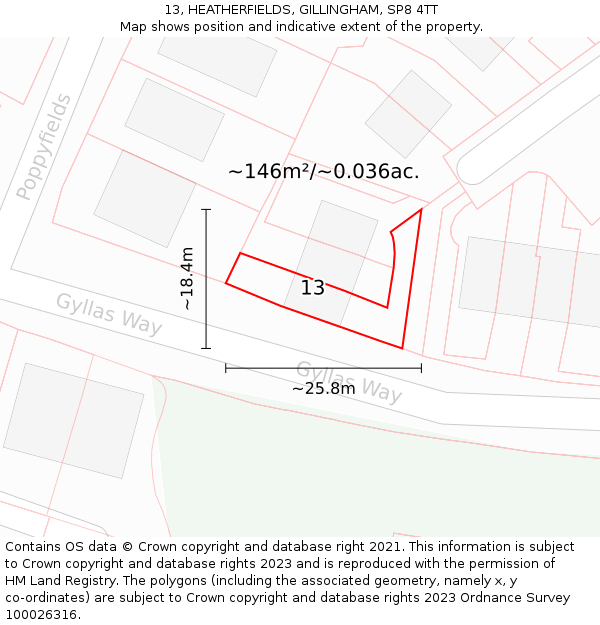 13, HEATHERFIELDS, GILLINGHAM, SP8 4TT: Plot and title map
