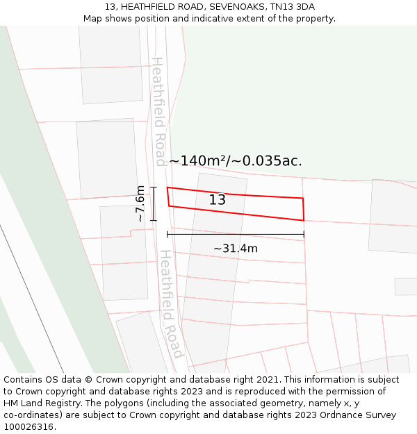 13, HEATHFIELD ROAD, SEVENOAKS, TN13 3DA: Plot and title map