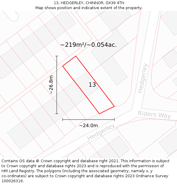 13, HEDGERLEY, CHINNOR, OX39 4TN: Plot and title map