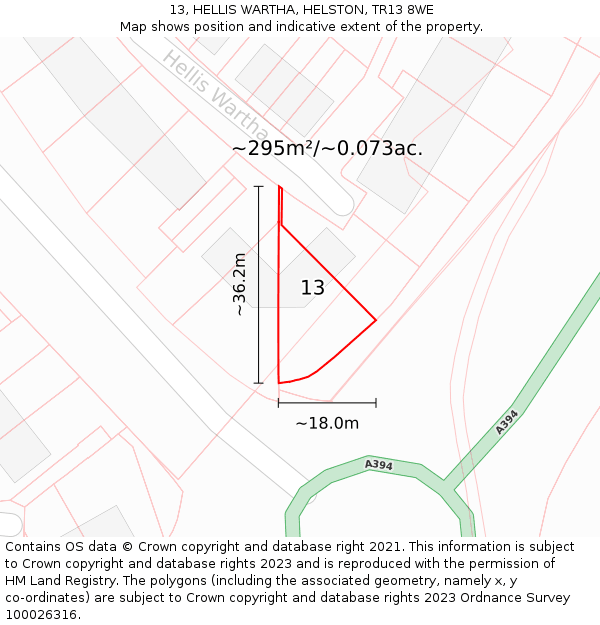 13, HELLIS WARTHA, HELSTON, TR13 8WE: Plot and title map