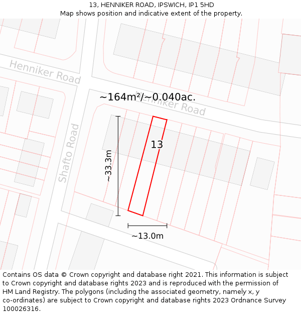 13, HENNIKER ROAD, IPSWICH, IP1 5HD: Plot and title map