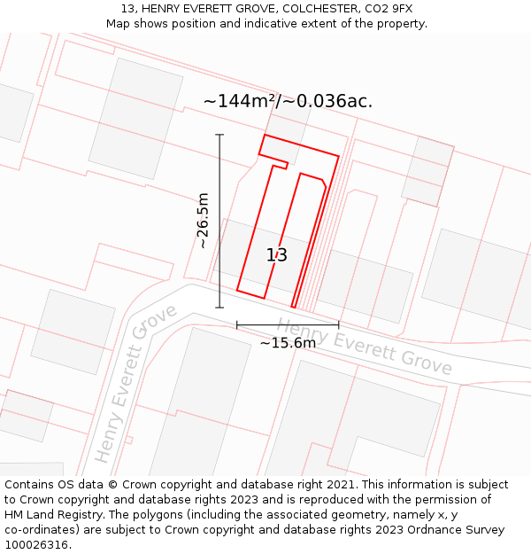 13, HENRY EVERETT GROVE, COLCHESTER, CO2 9FX: Plot and title map