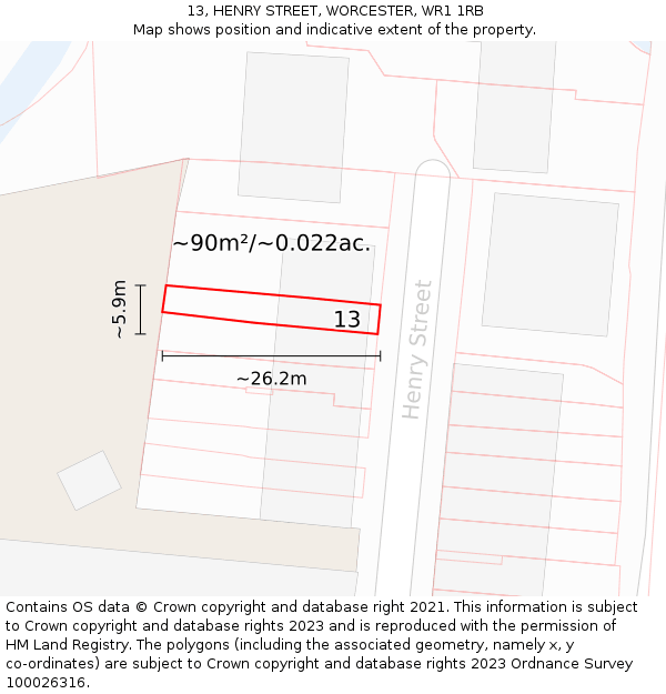 13, HENRY STREET, WORCESTER, WR1 1RB: Plot and title map