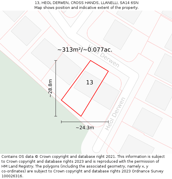 13, HEOL DERWEN, CROSS HANDS, LLANELLI, SA14 6SN: Plot and title map