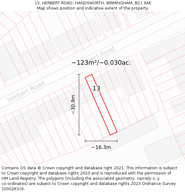 13, HERBERT ROAD, HANDSWORTH, BIRMINGHAM, B21 9AE: Plot and title map