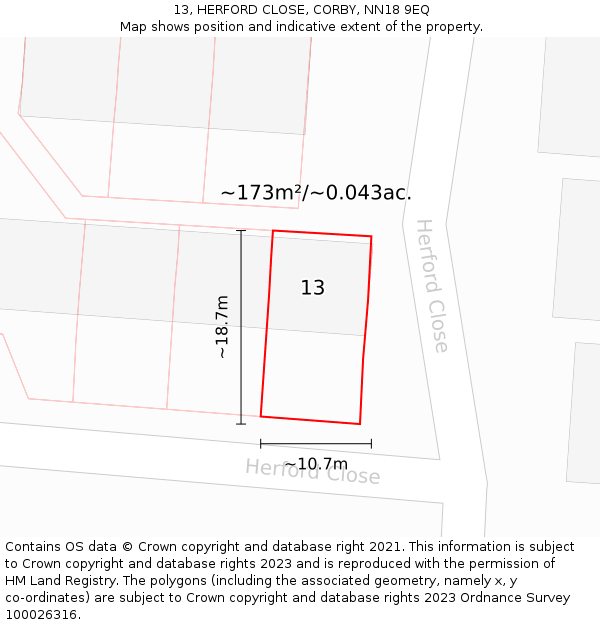 13, HERFORD CLOSE, CORBY, NN18 9EQ: Plot and title map