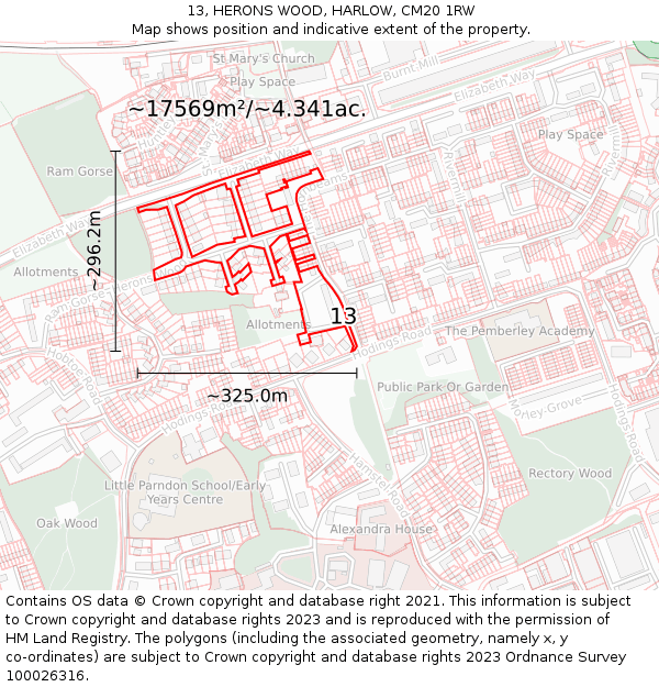 13, HERONS WOOD, HARLOW, CM20 1RW: Plot and title map