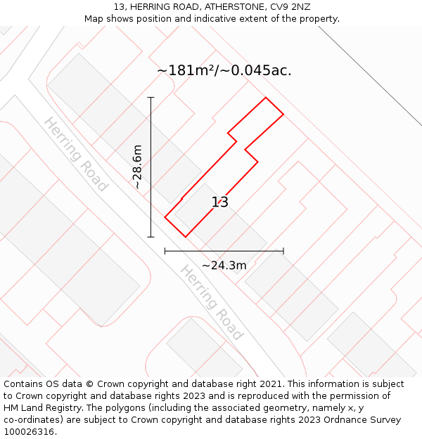13, HERRING ROAD, ATHERSTONE, CV9 2NZ: Plot and title map