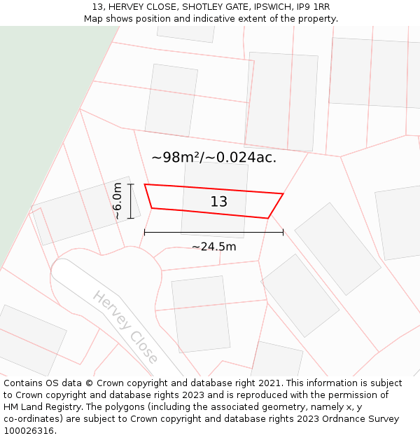 13, HERVEY CLOSE, SHOTLEY GATE, IPSWICH, IP9 1RR: Plot and title map