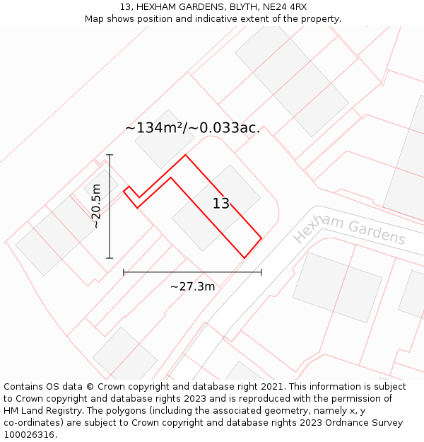 13, HEXHAM GARDENS, BLYTH, NE24 4RX: Plot and title map