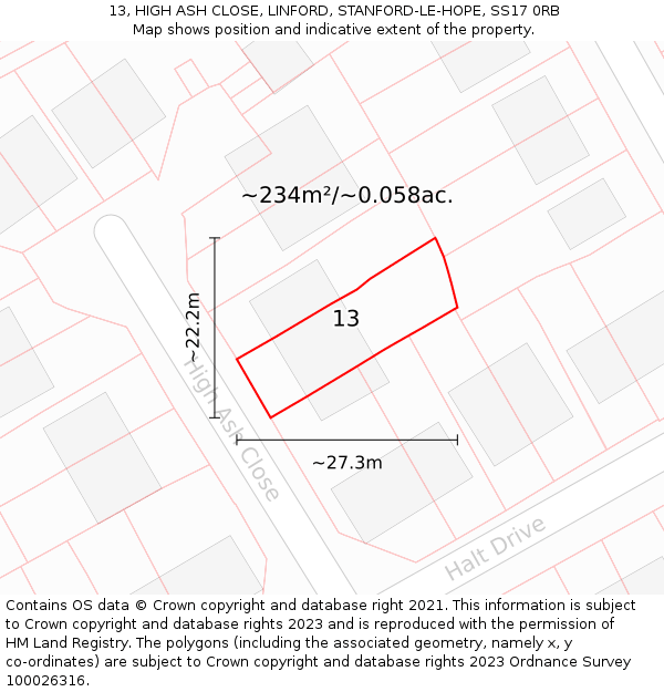 13, HIGH ASH CLOSE, LINFORD, STANFORD-LE-HOPE, SS17 0RB: Plot and title map