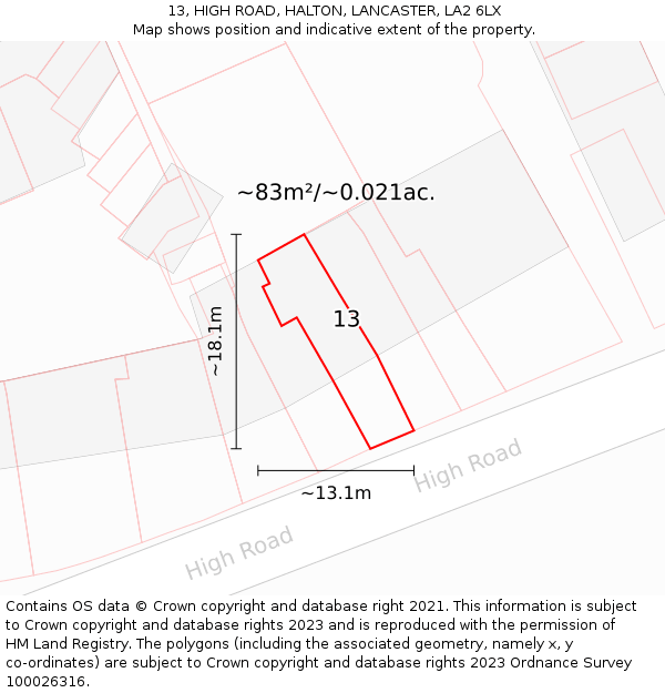 13, HIGH ROAD, HALTON, LANCASTER, LA2 6LX: Plot and title map