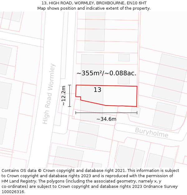 13, HIGH ROAD, WORMLEY, BROXBOURNE, EN10 6HT: Plot and title map