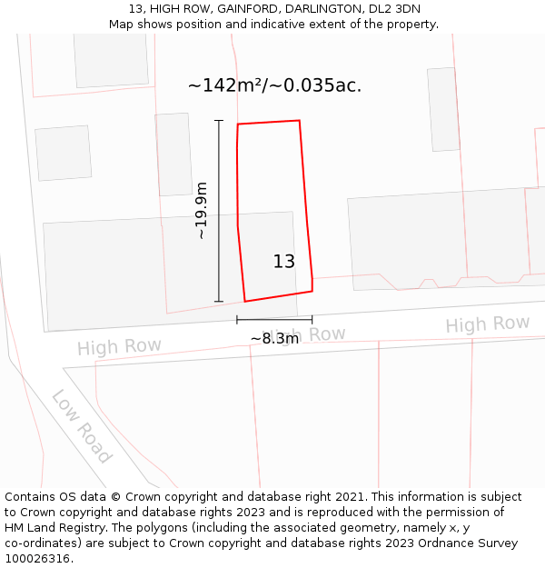 13, HIGH ROW, GAINFORD, DARLINGTON, DL2 3DN: Plot and title map