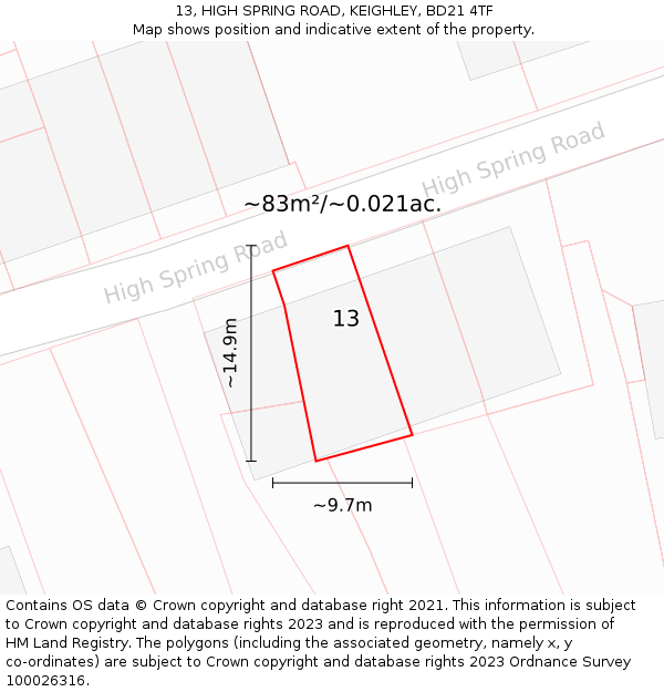 13, HIGH SPRING ROAD, KEIGHLEY, BD21 4TF: Plot and title map