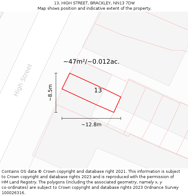13, HIGH STREET, BRACKLEY, NN13 7DW: Plot and title map