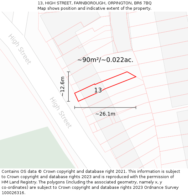 13, HIGH STREET, FARNBOROUGH, ORPINGTON, BR6 7BQ: Plot and title map