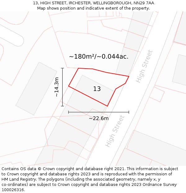 13, HIGH STREET, IRCHESTER, WELLINGBOROUGH, NN29 7AA: Plot and title map
