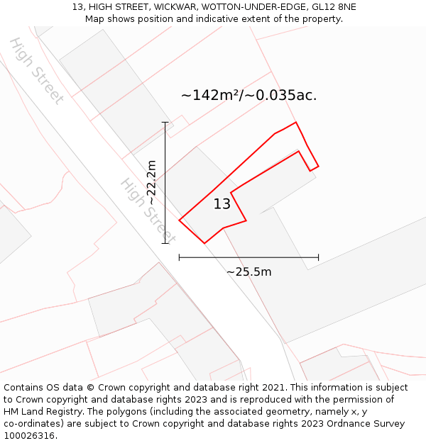 13, HIGH STREET, WICKWAR, WOTTON-UNDER-EDGE, GL12 8NE: Plot and title map