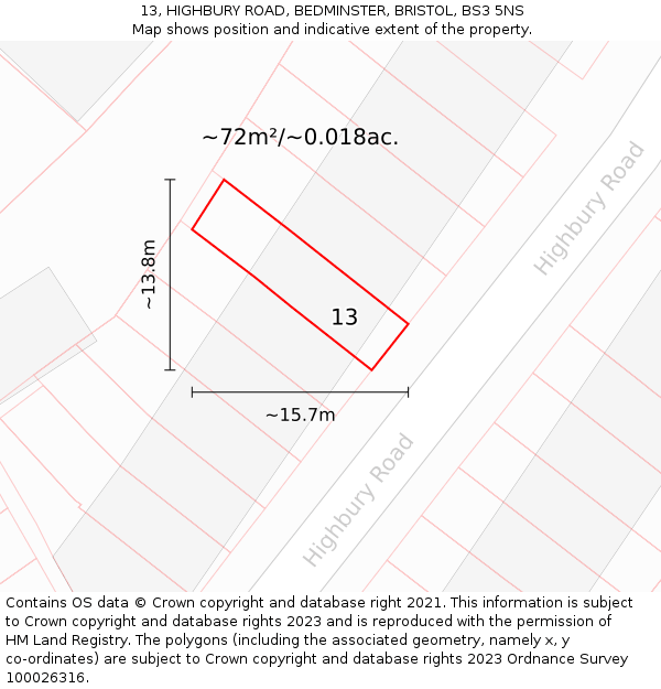 13, HIGHBURY ROAD, BEDMINSTER, BRISTOL, BS3 5NS: Plot and title map