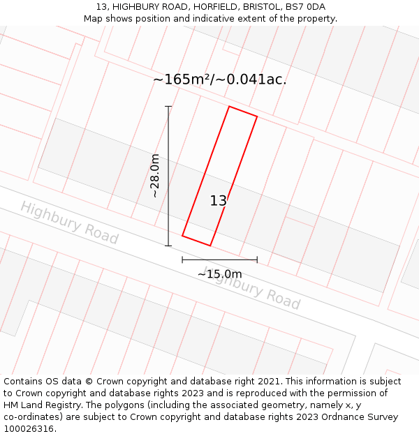 13, HIGHBURY ROAD, HORFIELD, BRISTOL, BS7 0DA: Plot and title map