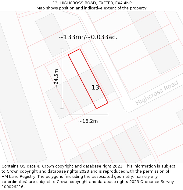 13, HIGHCROSS ROAD, EXETER, EX4 4NP: Plot and title map