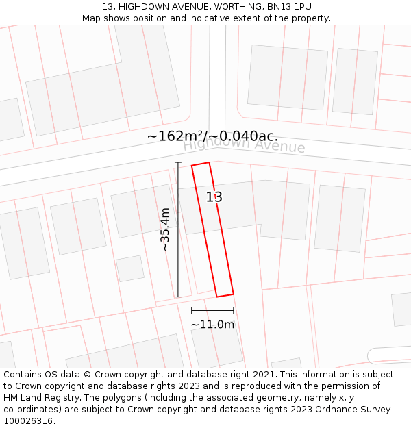 13, HIGHDOWN AVENUE, WORTHING, BN13 1PU: Plot and title map