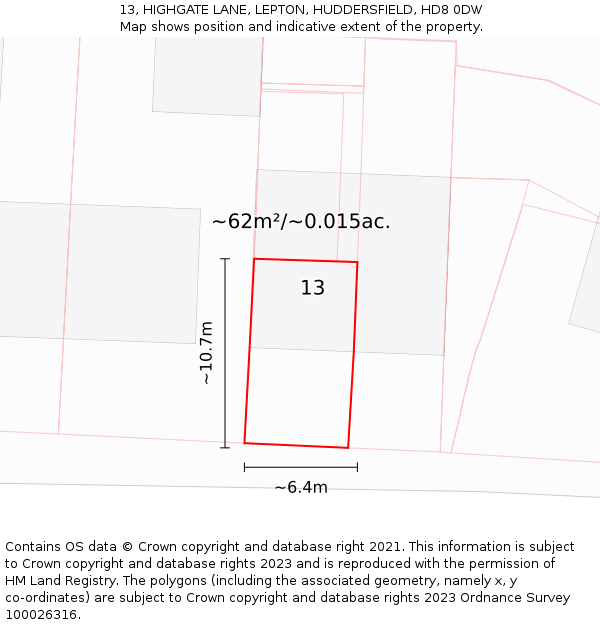 13, HIGHGATE LANE, LEPTON, HUDDERSFIELD, HD8 0DW: Plot and title map