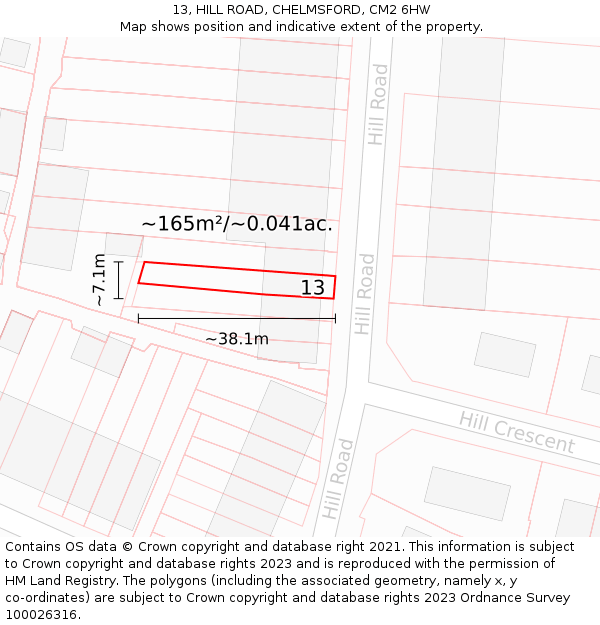 13, HILL ROAD, CHELMSFORD, CM2 6HW: Plot and title map
