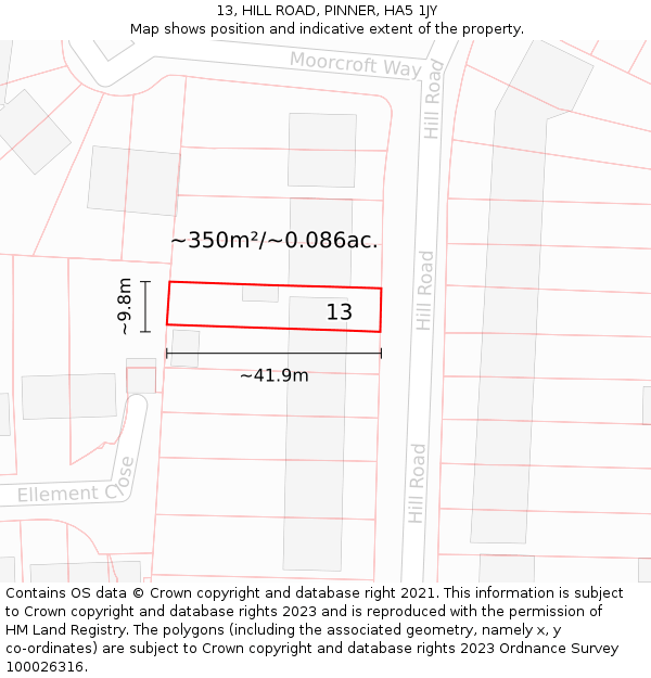 13, HILL ROAD, PINNER, HA5 1JY: Plot and title map