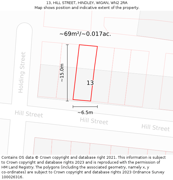 13, HILL STREET, HINDLEY, WIGAN, WN2 2RA: Plot and title map