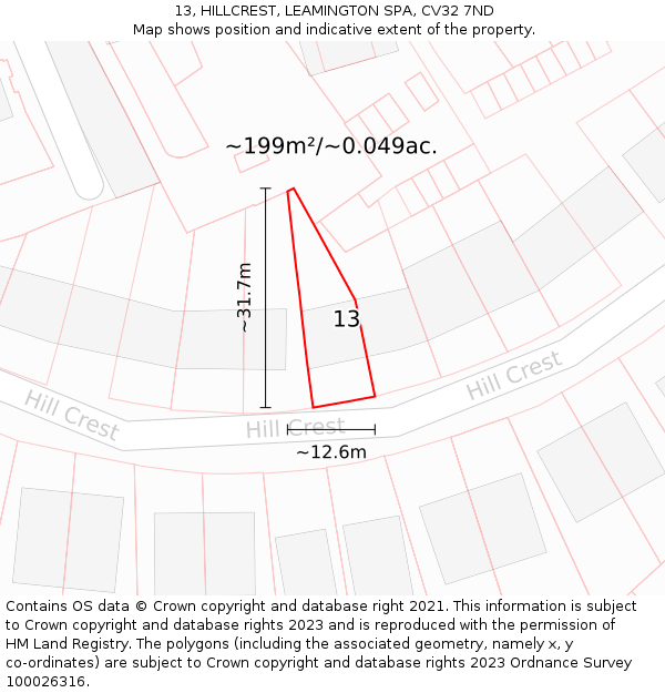 13, HILLCREST, LEAMINGTON SPA, CV32 7ND: Plot and title map