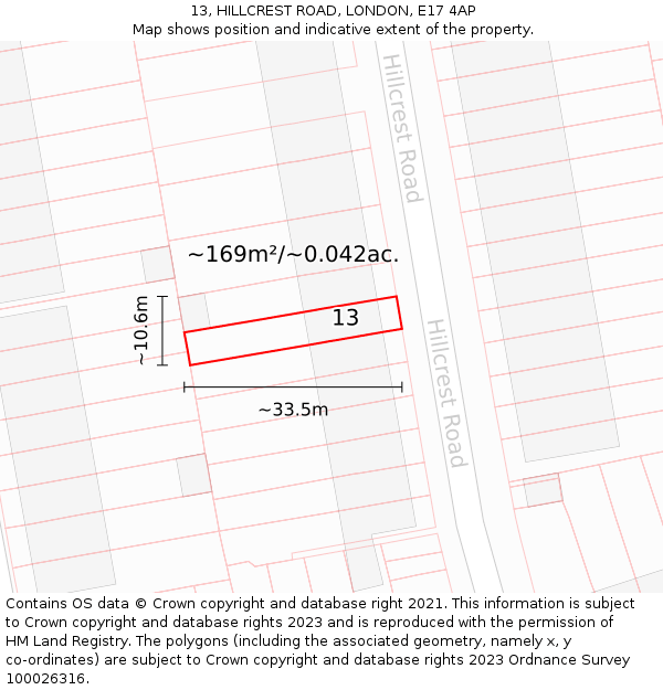 13, HILLCREST ROAD, LONDON, E17 4AP: Plot and title map